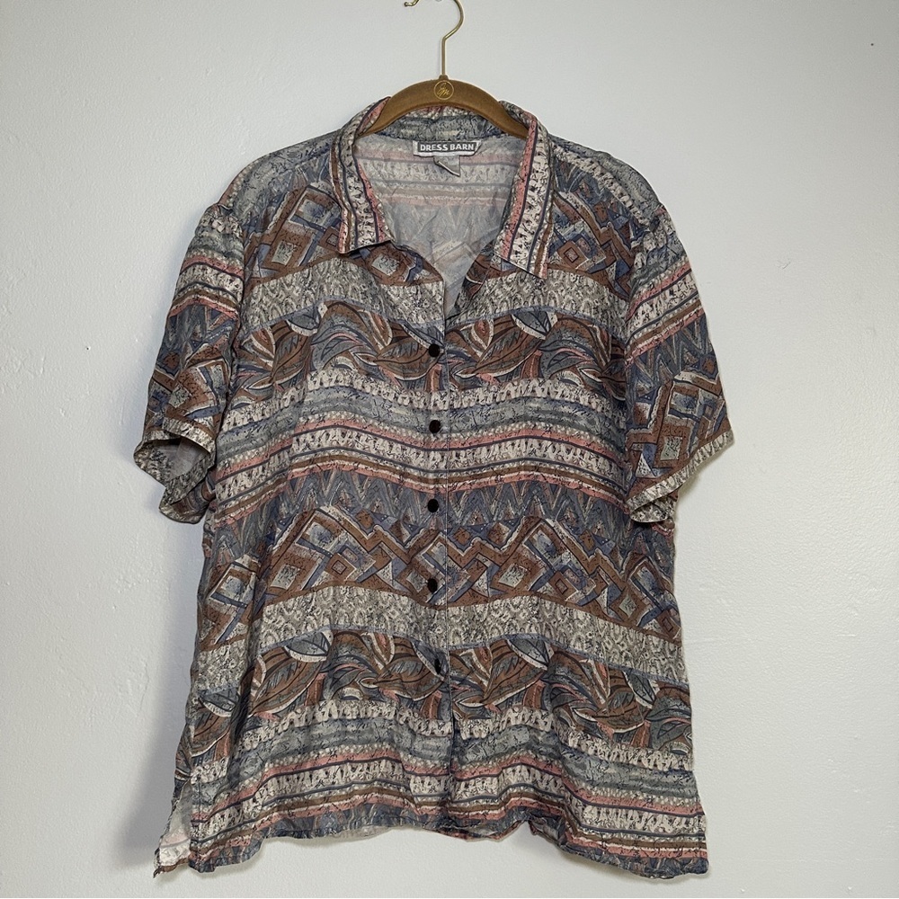 Dress Barn Womens Casual Button Down Shirt - Brown and Gray Pattern